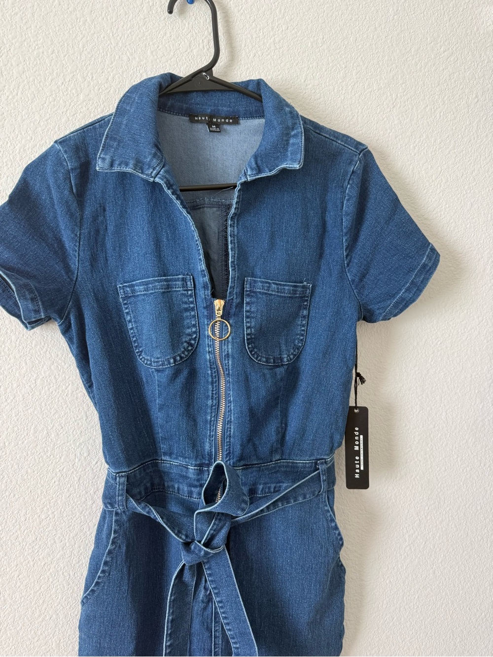 Dark Blue Denim Zip Front Jumpsuit with Tie Waist